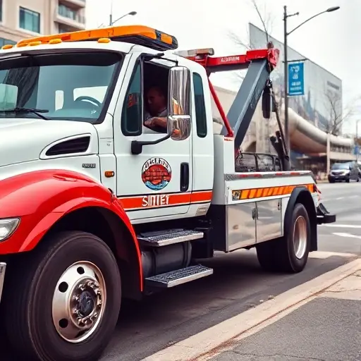 A tow truck parked on a roadside, with a phone receiver in the driver's hand indicating a call in progress, featuring the truck's logo and a city street background, no text or numbers visible