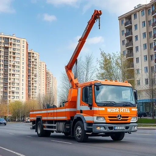 A realistic scene of a modern tow truck with a hydraulic boom, parked on a city street near a residential building in Lyubertsy, Moscow. The background shows typical Moscow apartment blocks and a hint of a tree-lined avenue under a clear sky. The focus is on the tow truck, its bright orange and white colors, and the surrounding urban environment, with no people or signage visible.