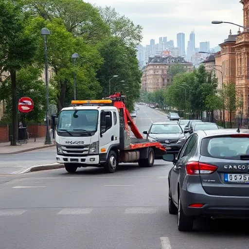 A realistic scene of a tow truck operating on a street in the southwestern part of Moscow, pulling a car that is parked illegally. The street features typical Moscow architecture with low-rise buildings, trees, and a hint of the city skyline in the background. The focus is on the tow truck and the car being towed, with other parked cars nearby, but no visible text, signs, or logos.