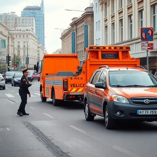 A realistic scene in Moscow showing a car being towed by a bright orange tow truck on a city street, with a police officer in uniform directing traffic, surrounded by typical Moscow buildings and street signs, conveying the concept of vehicle evacuation and related fines, without any textual overlays