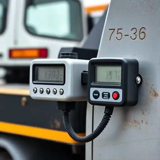 A tow truck with a meter device mounted on its side, showing a digital display, in a realistic style, no text or numbers visible