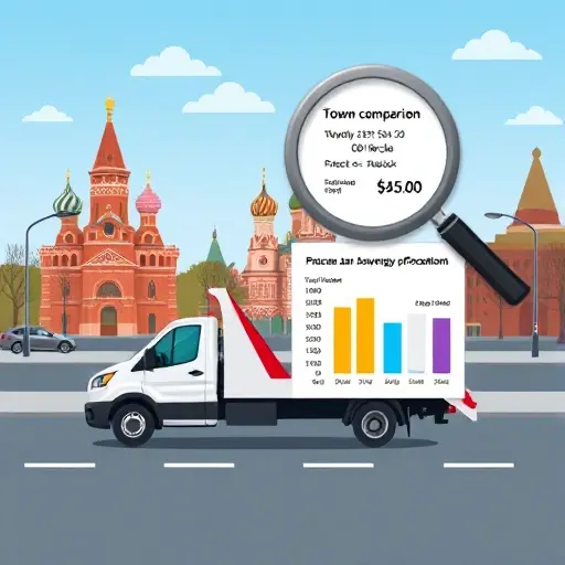 A stylized illustration of a tow truck parked on a Moscow street with the iconic city skyline in the background, a price comparison chart with colored bars representing different towing companies, and a magnifying glass hovering over the chart, all rendered in a clean, modern style