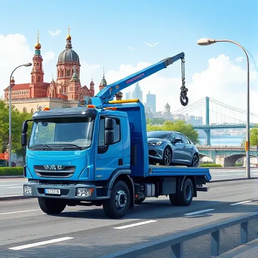 эвакуатор ростов A realistic scene of a modern tow truck pulling a broken-down car on a busy street in Rostov-on-Don, with the city's distinctive riverfront and historic architecture in the background, under a clear sky, focusing on the vehicles and urban environment without any signage or text
