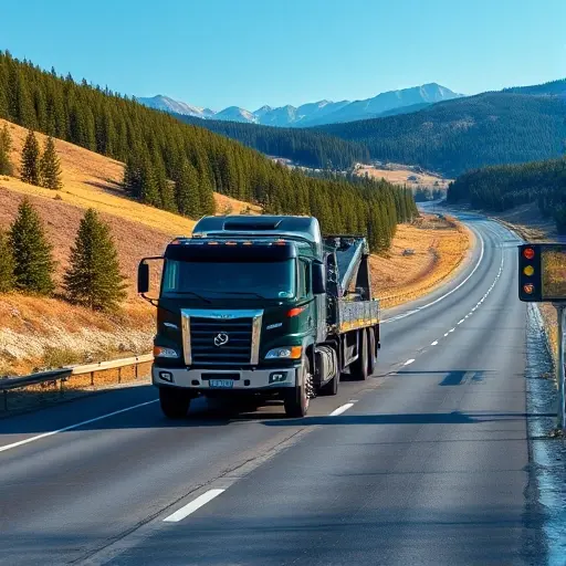эвакуатор москва челябинск A robust tow truck driving along a scenic highway between Moscow and Chelyabinsk, with rolling hills, pine forests, and distant mountains, under a clear blue sky, capturing the spirit of Russian road travel.