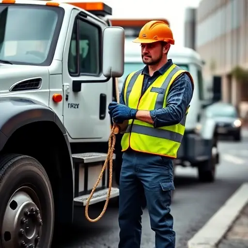 A realistic scene of a tow truck driver in uniform, standing beside a modern tow truck in an urban setting. The driver is wearing a reflective vest, safety helmet, and gloves, holding a tow rope and inspecting a vehicle being towed. The background shows a city street with subtle traffic, and the driver’s posture conveys attentiveness and professionalism. The image should capture the responsibilities of a tow truck driver: equipment inspection, safety gear, and vehicle recovery, without any text, letters, or numbers.