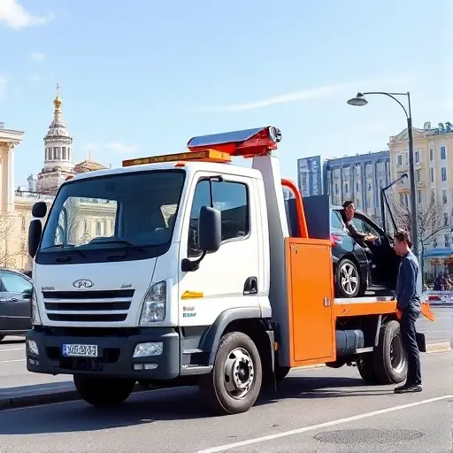 A clean, realistic scene of a modern tow truck parked on a quiet street in Moscow's North-West Administrative Okrug, with the city's recognizable architecture in the background under a bright daytime sky. The driver, wearing a friendly uniform, is opening the truck's rear door to assist a small car, while a satisfied customer watches nearby. The atmosphere conveys reliability, affordability, and positive reputation without any text or signage.