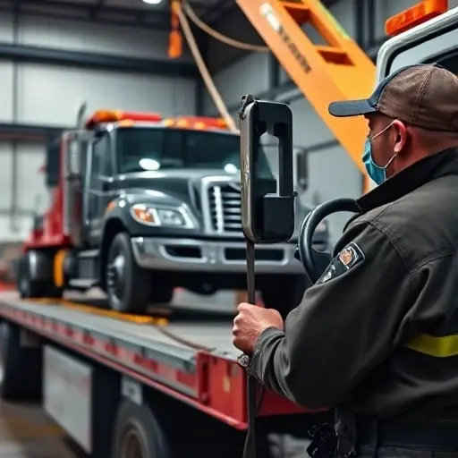 A tow truck driver operating a heavy-duty tow truck, using a winch and rigging equipment to lift a stalled vehicle onto a flatbed, in a realistic industrial setting, with focus on the driver's hands, the rigging cables, and the tow truck's front