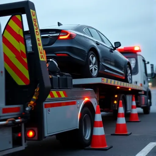 A tow truck with a safety harness and reflective tape, lifting a car onto a flatbed, surrounded by safety cones and bright warning lights, with a calm background, no people or text visible.