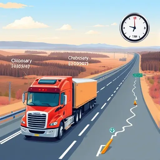 A tow truck traveling on a highway between Moscow and Cheboksary, with a panoramic view of the Russian landscape, a stylized route map indicating the distance, and a clock showing travel time, all rendered in a clean, detailed illustration style.