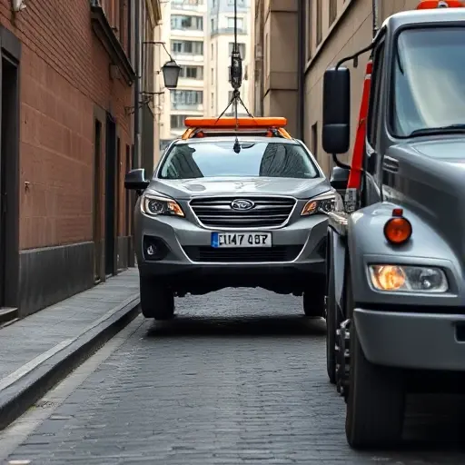 A realistic scene of a tow truck pulling a car out of a narrow, cobblestone street, showing the tow hook, the truck's front, and the car being lifted, with a subtle background of a quiet urban alley.
