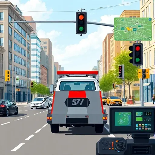A realistic illustration of a tow truck navigating a busy street in the south‑west district of Moscow, with typical city buildings, traffic lights, and a dispatcher’s control panel showing a map of the area in the background, without any text or lettering on the vehicle, signs, or console.