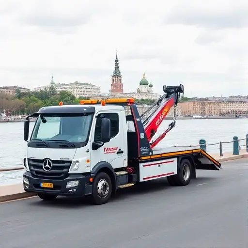 A modern tow truck parked near the Neva River in St. Petersburg, with the Peter and Paul Fortress and the St. Petersburg skyline in the background, no text or signage