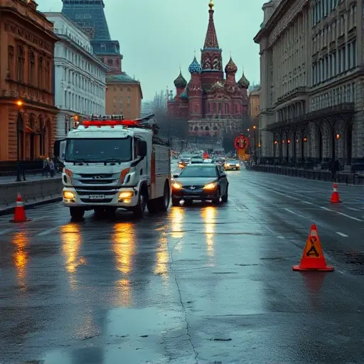A realistic scene of a Moscow street with a tow truck assisting a broken-down vehicle on the side of the road. The city background shows recognizable Moscow architecture such as classic buildings and a hint of the Kremlin silhouette in the distance. The road is wet from recent rain, reflecting streetlights, and there are subtle signs of a recent traffic incident, like scattered debris and a caution triangle. The focus is on the tow truck and the vehicle being towed, with no people visible, emphasizing the emergency assistance in an urban environment.