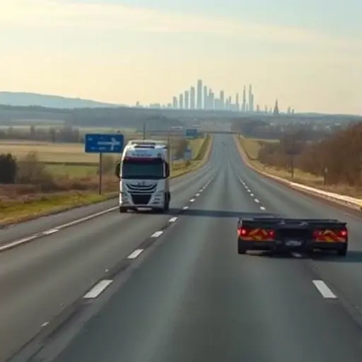 A realistic tow truck (evacuator) driving on a long Russian highway, with a subtle road sign indicating direction toward Moscow and a distant skyline of Moscow in the background. The scene shows a blend of Voronezh's countryside transitioning into the urban outskirts of Moscow, with a clear sky and gentle hills, emphasizing the journey and the concept of transportation cost without any text or logos.