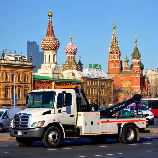 A tow truck parked on a Moscow street with the city skyline in the background, featuring iconic Moscow landmarks such as the Kremlin and St. Basil's Cathedral, under a clear blue sky, no text or signage visible