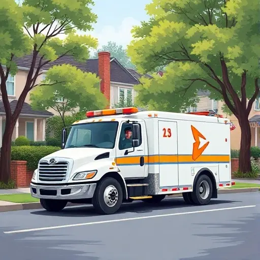 A realistic smallHQ style illustration of a tow truck (evacuator) parked on a residential street with trees and buildings, the scene showing the vehicle and a driver, without any text, numbers, or signage