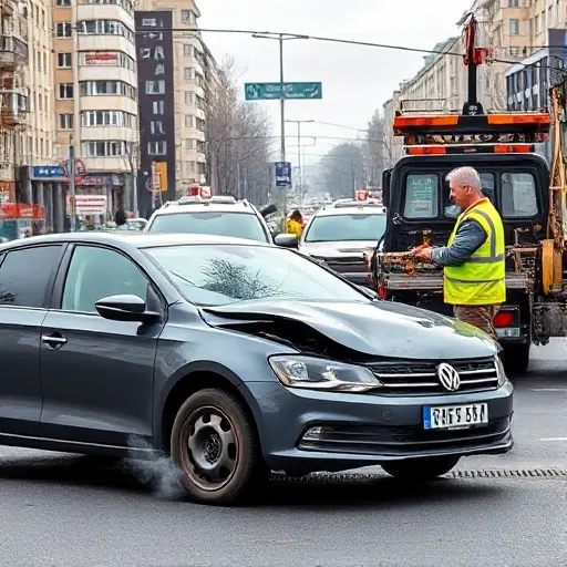 A realistic scene of a busy Kuntsevo street in Moscow with a tow truck (evakuator) assisting a broken-down car. The broken car shows common failure signs such as a flat tire, smoking engine, and a cracked windshield. The tow truck is equipped with a winch and a crane, and a driver in a reflective vest is working on the vehicle. The background includes typical Moscow apartment buildings, street signs, and traffic, but no visible text, logos, or numbers.