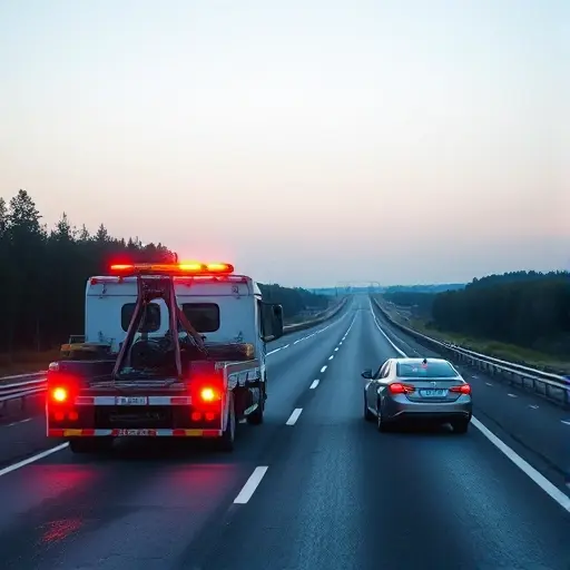 A realistic scene of a tow truck on the Leningrad Highway near Moscow, assisting a vehicle after a minor traffic accident. The tow truck is positioned beside a damaged car on the roadside, with emergency lights flashing softly. The highway stretches into the distance under a clear sky, with surrounding trees and a faint horizon. The focus is on the vehicles and the road environment, without any text, logos, or people visible.