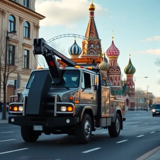 A modern tow truck driving on a city street with the Kremlin and Saint Basil's Cathedral visible in the background, daytime, clear weather, cinematic lighting, high detail