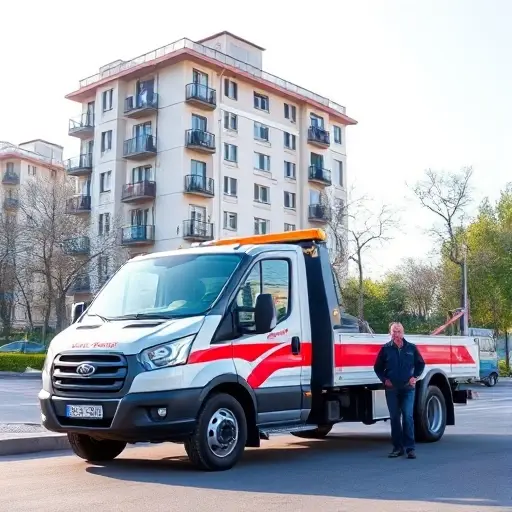 A modern tow truck from a reliable evacuation service parked in front of a typical residential building in the Medvedkovo district of Moscow, with a friendly driver standing beside it, city streets and trees in the background under a clear sky