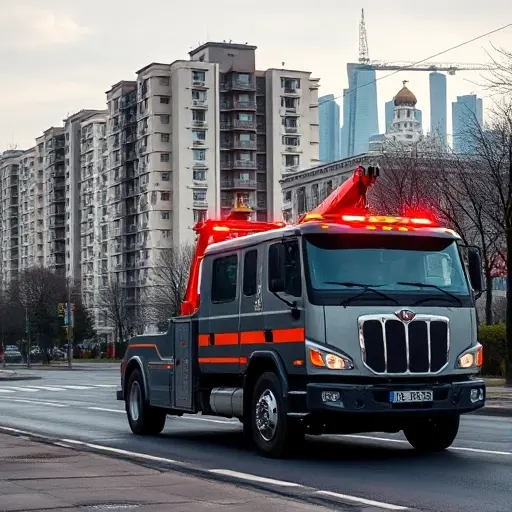 A realistic city scene of the South Administrative District of Moscow featuring a modern tow truck parked near a residential building, with the Moscow skyline in the background, showing the tow truck's hook and lights, conveying a sense of reliable emergency service in an urban environment
