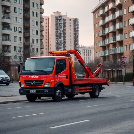 A realistic scene of a tow truck parked on a Moscow street in the Don district, with a cityscape background showing typical Russian apartment buildings, street signs, and a calm urban atmosphere. The focus is on the tow truck and the surrounding environment, illustrating the concept of calling a tow service in this area.