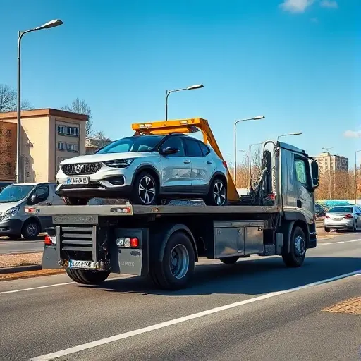 A detailed scene of a modern tow truck with a full loading platform, positioned on a city street in Zelenograd, Moscow. The truck is equipped with a hydraulic winch and a large flatbed loaded with a compact car, all rendered in a realistic yet slightly stylized smallHQ aesthetic. The background shows typical urban elements such as streetlights, parked cars, and a hint of residential buildings, under a clear sky.