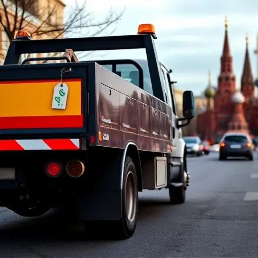 A realistic tow truck parked on a Moscow street with the city skyline in the background. The truck features a subtle price tag icon hanging from the rear bumper to symbolize pricing and tariffs. No text, digits, or other vehicles appear in the scene.