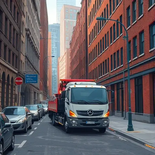 A realistic illustration of a modern tow truck parked on a narrow city alley named Trubetskoy Alley, surrounded by brick buildings, lampposts, and a few parked cars, with a subtle city atmosphere and detailed textures
