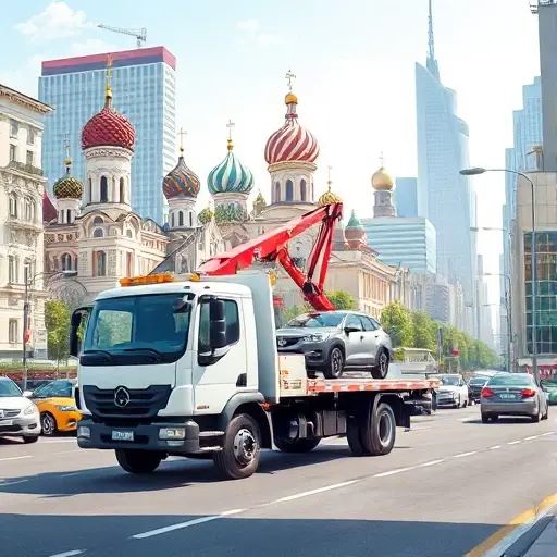A realistic illustration of a tow truck operating on a busy Moscow street, with recognizable Moscow architecture such as the Kremlin domes and modern high-rise buildings in the background. The scene shows the tow truck lifting a small car onto its platform, emphasizing the service aspect. The lighting is bright daylight, and the composition highlights the vehicle and the urban environment without any text, logos, or signage.