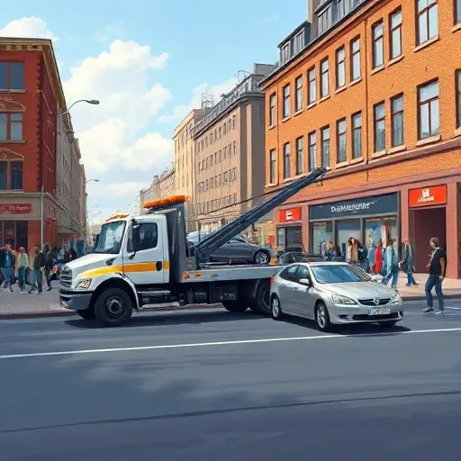 A realistic illustration of a tow truck parked on 1st Kur'yanovskaya Street, with a city street background, a small crowd of onlookers, and a car being towed. The scene captures the urban atmosphere of a Russian street with brick buildings, streetlights, and a clear sky.
