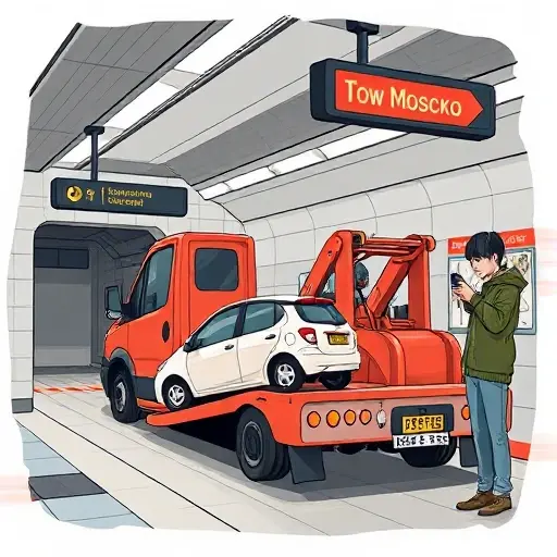 depict a tow truck in a Moscow metro station, showing a small car being towed, with metro signage and a person calling the tow truck via phone, all in a small high-quality illustration, no text or letters