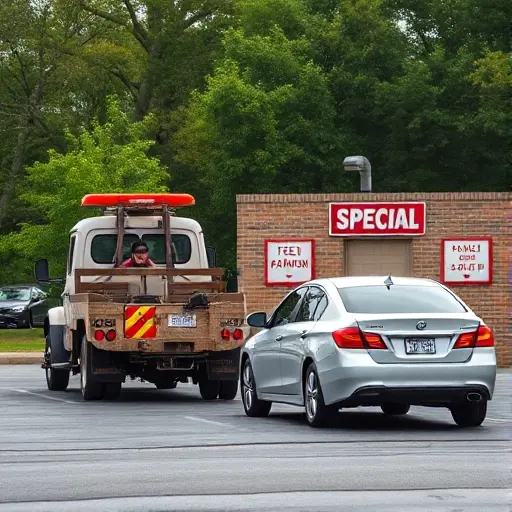 A tow truck pulling a car toward a designated special parking lot, with visible signage indicating the parking area, in a realistic style