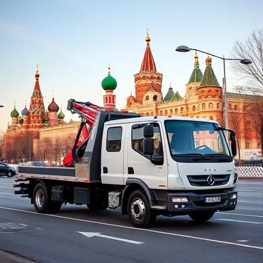 Вызвать эвакуатор в Москве недорого в ЮАО: Полный план статьи A modern tow truck parked on a Moscow street, with the iconic Moscow skyline in the background, subtle icon indicating affordability, no text or digits visible.