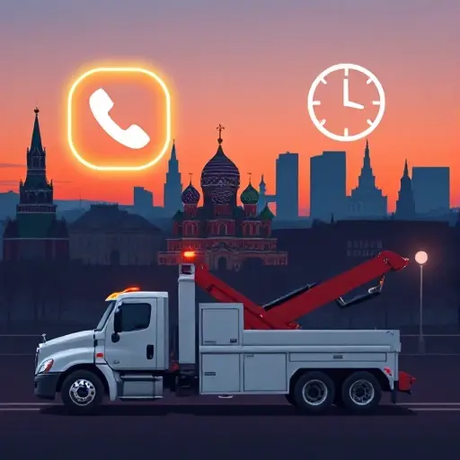 A tow truck parked in front of a stylized Moscow skyline at dusk, with a large glowing phone icon and a round clock icon hovering above the truck, and a subtle star icon indicating positive reviews, all depicted in a clean, minimalistic style without any text or lettering