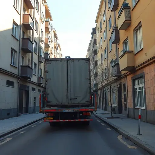 A tow truck assisting a large vehicle on a narrow urban alley lined with Soviet-era apartment buildings, with a visible measuring pole indicating the vehicle's length, under a bright daytime sky, realistic perspective, no text or signage