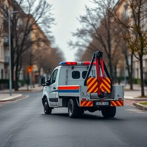 Эвакуатор в 3-м Угрешском проезде: Полное руководство A realistic small-scale tow truck (evacuator) parked on a quiet urban street with typical Russian residential buildings, trees, and streetlights, showing the vehicle's hook and lights, without any visible text, signs, or numbers.