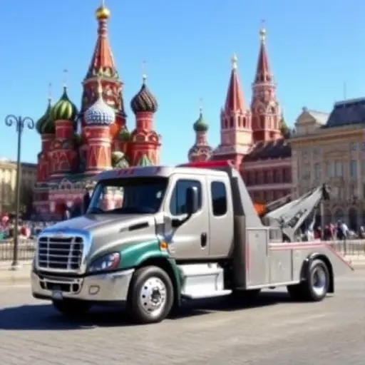 A modern towing truck parked near the Red Square in Moscow, with the iconic St. Basil's Cathedral and the Kremlin towers in the background, set against a clear blue sky. The truck should be in a realistic style, with detailed metal texture and subtle reflections on its windows, but no people or other vehicles in the scene.