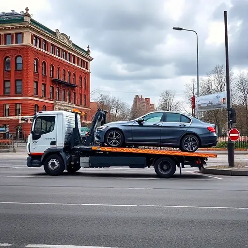 A tow truck in Moscow pulling a car onto its platform, with recognizable Moscow architecture such as a red brick building and a street lamp in the background, a cloudy sky, and a calm urban atmosphere, no visible text or signage