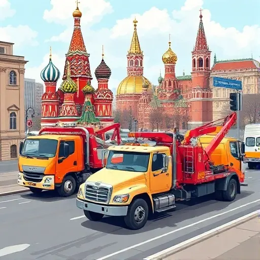 A realistic illustration of various types of tow trucks used in Moscow, including a flatbed truck, a hook-and-chain truck, and a wheel-lift truck, positioned on a city street with iconic Moscow landmarks such as St. Basil's Cathedral and the Kremlin in the background. The scene should be detailed, with clear depictions of the trucks' equipment and a bustling urban environment, but no text, letters, or digits in the image.