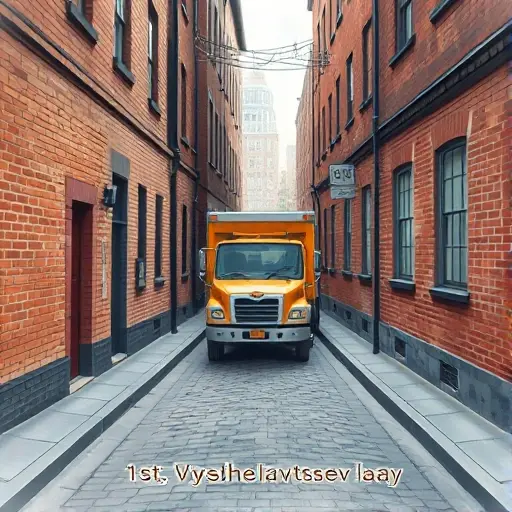 A realistic small-scale illustration of a tow truck parked on a narrow urban alleyway, showing the entrance of 1st Vysheslavtsev Lane with cobblestone pavement, old brick buildings on both sides, and a subtle hint of a cityscape in the background. The scene should focus on the tow truck and the alley environment, with natural lighting and a slightly elevated viewpoint.