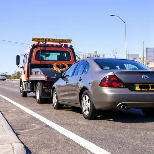 A tow truck pulling a broken car on a city street, with the tow truck's winch cable attached to the car, the car's engine off, and a clear sky background.