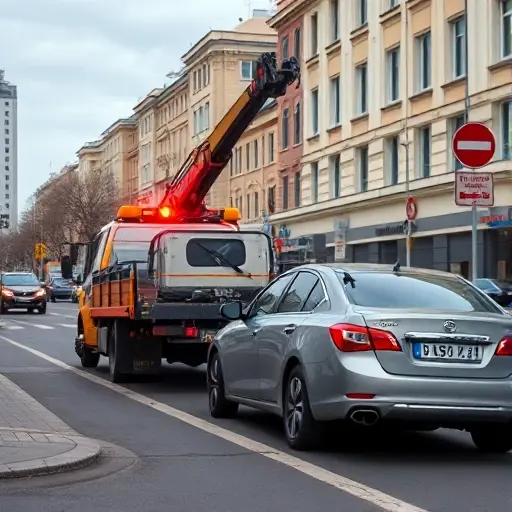 A realistic city street scene in Moscow showing a tow truck lifting a car that is illegally parked on the curb, with typical Moscow buildings and traffic signs in the background, emphasizing the action of city services performing an evacuation, without any visible text, letters, or numbers