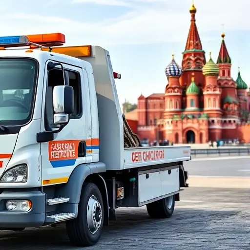 A tow truck parked near a recognizable Moscow landmark, such as the Kremlin or Red Square, with a phone handset and a certificate badge displayed on the truck, all in a clear, realistic style.