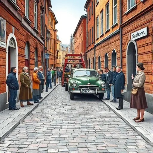 Эвакуатор в 4-м Голутвинском переулке: Полное руководство A realistic illustration of a tow truck parked on a narrow, cobblestone alley in a historic Russian town, labeled as 4th Golutvinsky Lane. The scene shows the tow truck's front bumper attached to a classic sedan being towed, with a small crowd of onlookers in period-appropriate clothing. The alley is lined with old brick buildings, a lamppost, and a small street sign indicating the lane number. The atmosphere is bustling yet orderly, capturing the essence of a full guide to towing in this location.