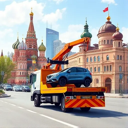 A realistic small-scale illustration of a tow truck (evakuator) positioned on a city street, with one side showing characteristic Moscow architecture such as the Kremlin towers and modern high-rises, and the other side displaying distinctive Nizhny Novgorod features like the Nizhny Novgorod Kremlin and the confluence of the Volga and Oka rivers. The tow truck is actively lifting a small car, emphasizing the regional specificity of towing services. The scene is bright, detailed, and captures the contrast between the two cities without any text, logos, or signage.