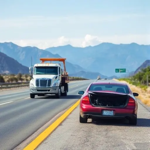 A realistic scene showing a broken-down car on a roadside with a tow truck arriving to assist, set on a highway with mountains in the background, the driver looking relieved, no text or signage visible