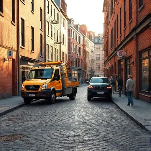 A realistic depiction of a tow truck parked on Barabanov Lane, a narrow city street with brick buildings on either side. The tow truck is in action, pulling a stalled car with a winch. The scene shows the street's cobblestone pavement, streetlights, and a few pedestrians watching. The lighting is warm, late afternoon, with soft shadows. No text or signage visible.