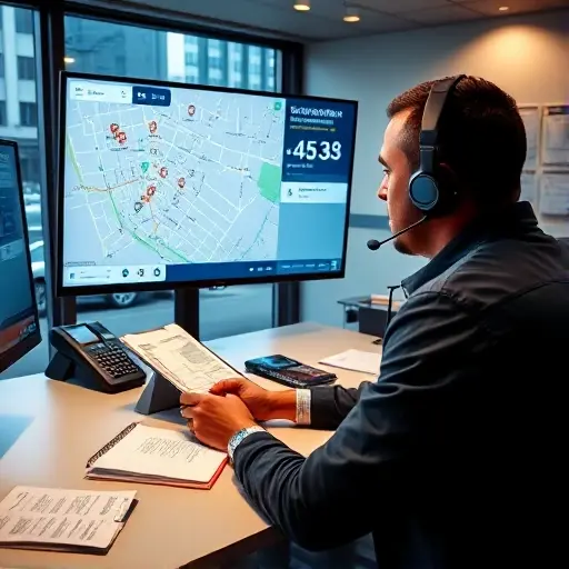 A modern dispatch office scene featuring a dispatcher wearing a headset, focused on a large screen displaying a city map with tow truck icons and real-time traffic data. The desk has a phone, a clipboard, and a small stack of maps. Through a window, a city street with a tow truck pulling a vehicle can be seen. The atmosphere is professional and dynamic, with subtle lighting and a clean, organized layout.