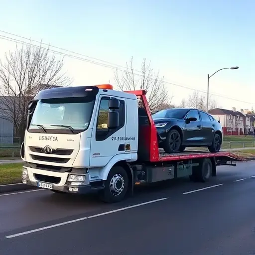 A tow truck partially loaded with a vehicle, positioned in a suburban setting between Moscow and Balashikha, with a clear sky and minimal background, no text or letters